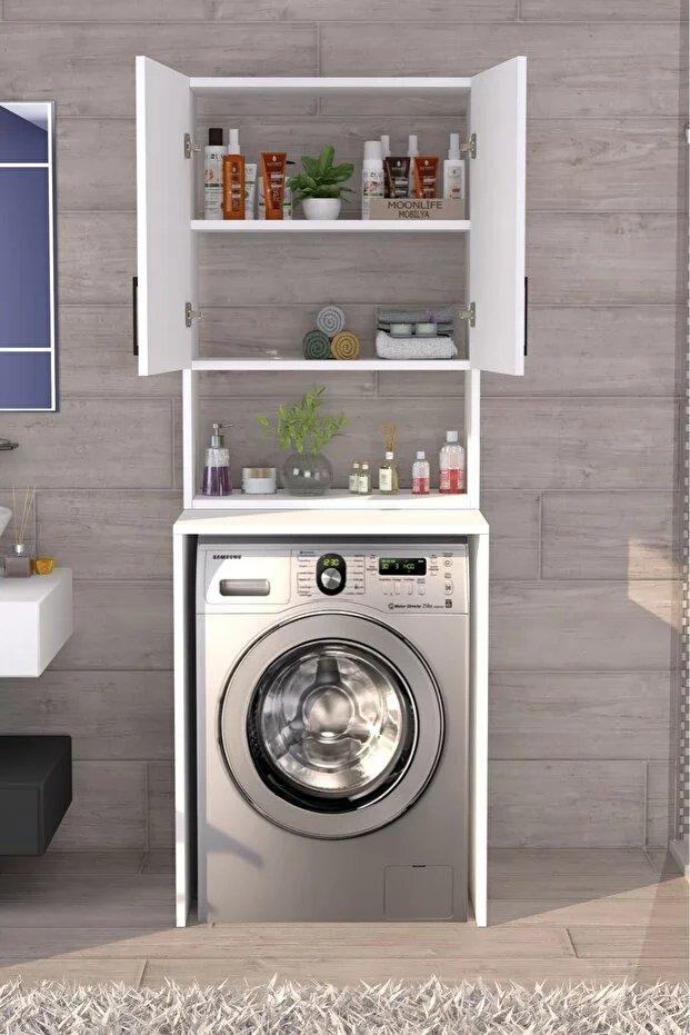 Üst Dolaplı Çok Amaçlı Çamaşır Makinesi Banyo Dolabı Beyaz